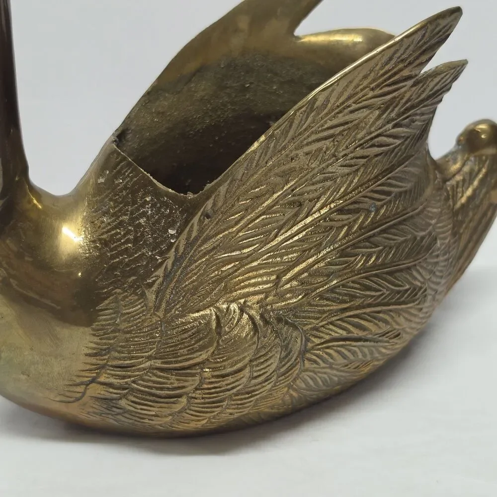 Vintage Cast Brass Swan Planter Mid-Century MCM 12 Inches Tall Made In Korea